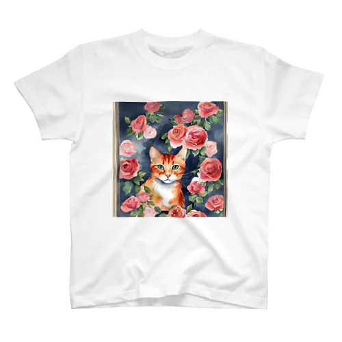 猫とバラ　水彩 A 猫とバラシリーズ Regular Fit T-Shirt