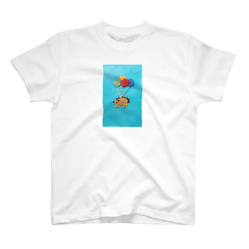 風船で浮く刺繍ハリネズミ Regular Fit T-Shirt