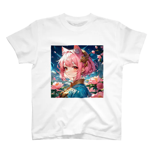 桃色ねこ娘と花畑 Regular Fit T-Shirt