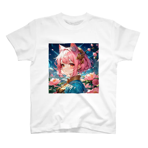 桃色ねこ娘と花畑 スタンダードTシャツ