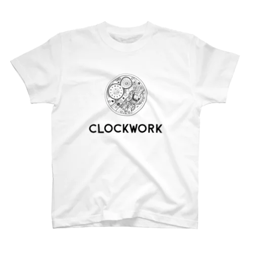 時計仕掛けのイラスト(白黒)とCLOCKWORKロゴ Regular Fit T-Shirt