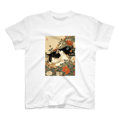 浮世絵　薔薇とお昼寝する猫2 Regular Fit T-Shirt