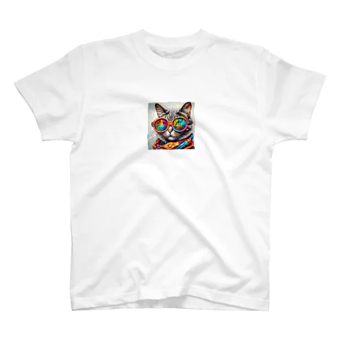 カラフルメガネをかけた猫 Regular Fit T-Shirt