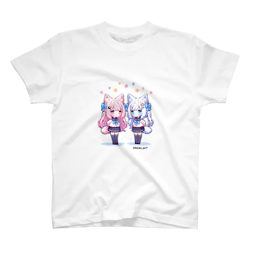 【Anime_girl*】Pixel art cat2girls pink×blue Regular Fit T-Shirt