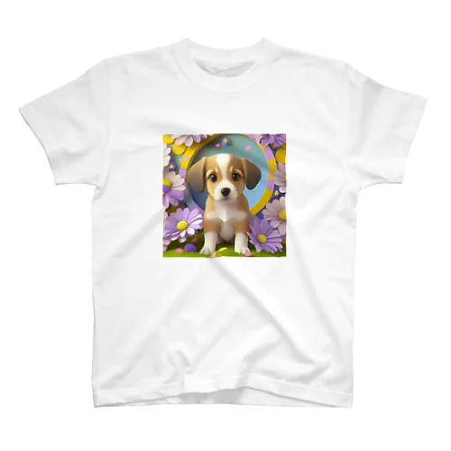 陽気な子犬と春の花々 Regular Fit T-Shirt