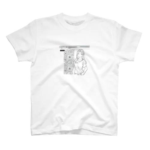 爽やかな女性が描かれた線画 Regular Fit T-Shirt