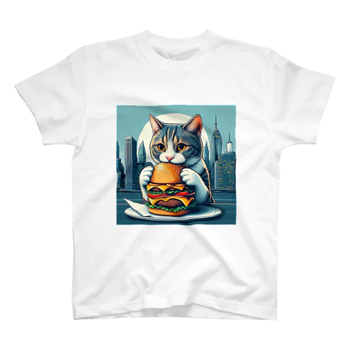 ハンバーガーをかじる猫_グレー スタンダードTシャツ