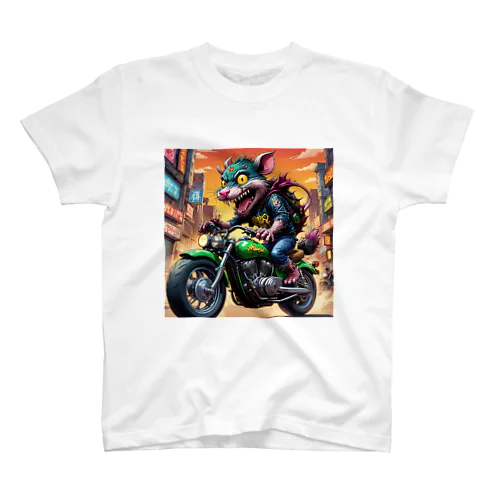 かわいくてクールなモンスターがアメリカンスタイルのバイクに乗っている様子 スタンダードTシャツ