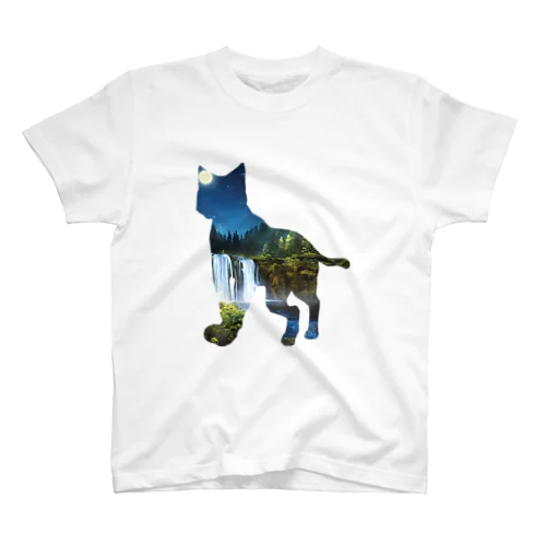 風景_滝と月と猫001 スタンダードTシャツ
