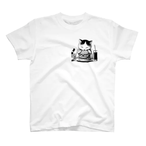 モノクロ_ハンバーガーを食べる猫 Regular Fit T-Shirt