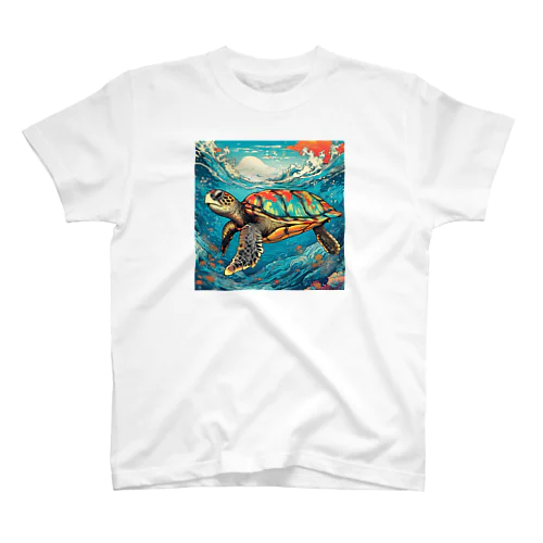 日本の風景:荒波にもまれる海がめ、Japanese scenery: Sea turtle caught in rough waves スタンダードTシャツ