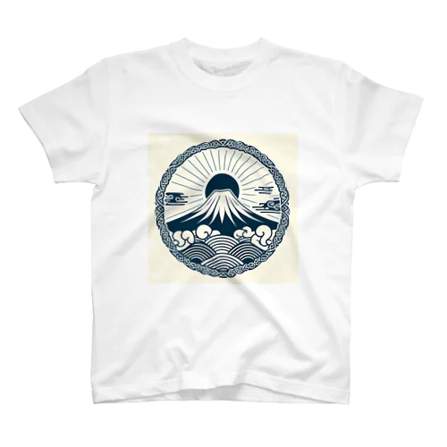 Minimalist Traditional Japanese Motif Featuring Mount Fuji and Seigaiha Patterns Regular Fit T-Shirt