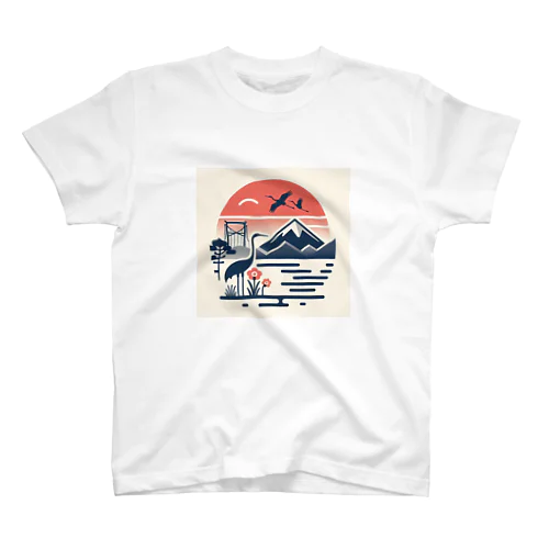 夕陽に映える鶴と富士 スタンダードTシャツ
