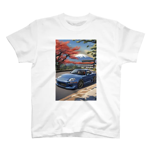 青いスポーツカーと日本の風景 スタンダードTシャツ