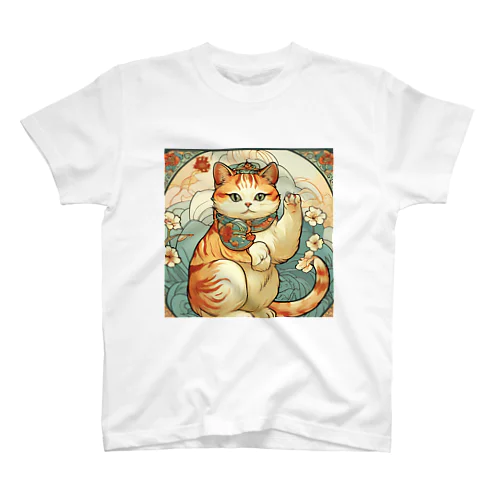 お客様を招く左手招き猫ミュシャ風 スタンダードTシャツ