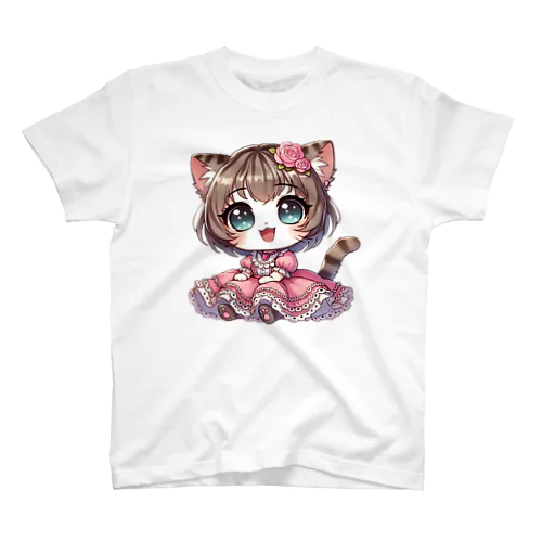 ピンクのドレスを着た子猫姿の女の子 スタンダードTシャツ