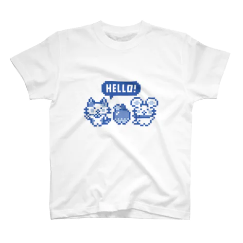 ネコさんとネズミさんとリンゴのドット絵Tシャツ青 Regular Fit T-Shirt