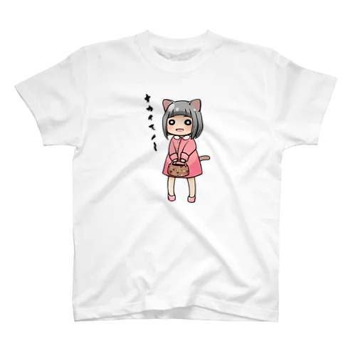 ほんわか ゆるかわいい癒し系のネコミミ カタカナのオカイモノ猫 スタンダードTシャツ