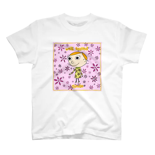 ピンク　花柄手書きCharlie スタンダードTシャツ