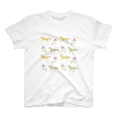 馬と花のTシャツ（背面プリント有） 티셔츠