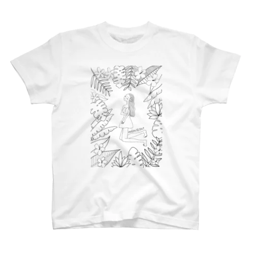 Leaves with girl (black &white) スタンダードTシャツ