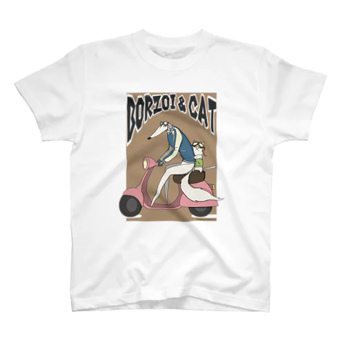 ボルゾイと猫 ピンクのバイク 티셔츠