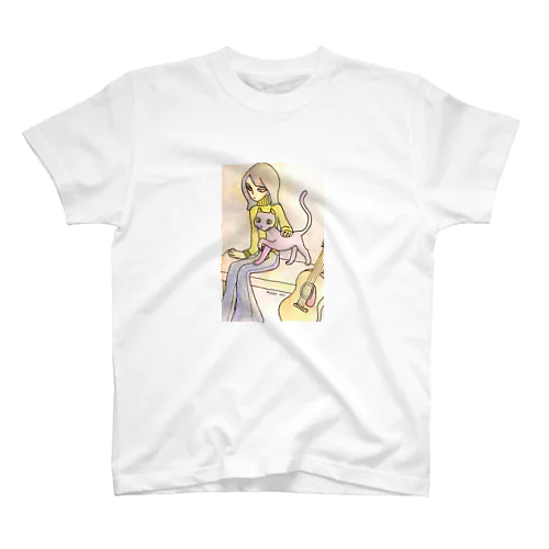 レトロな女の子　ギターと猫 スタンダードTシャツ