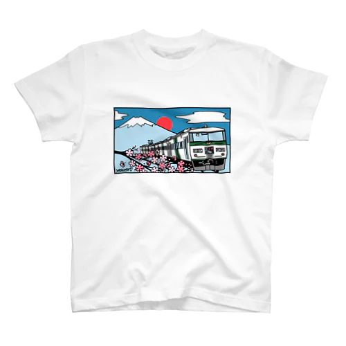 鉄道：「踊り子」18５系と富士山、桜　イラスト Regular Fit T-Shirt