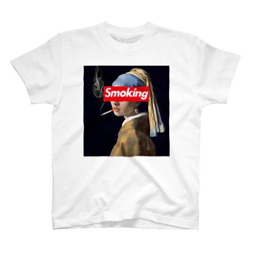 Smoking-くわえタバコの少女 咥えタバコの少女 真珠の耳飾りの少女-赤ボックスロゴ Regular Fit T-Shirt