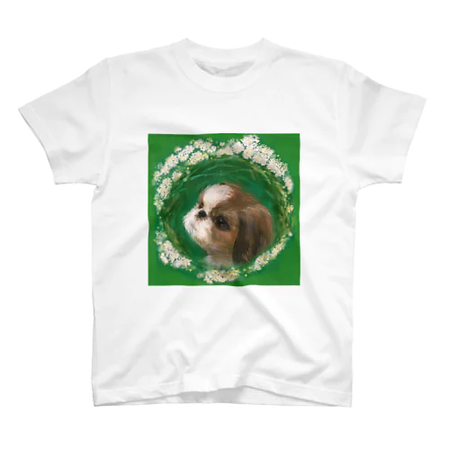 かわいいシーズー 犬と雪柳のフラワーリース スタンダードTシャツ