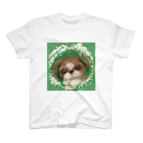 かわいいシーズー 犬と雪柳のフラワーリース スタンダードTシャツ