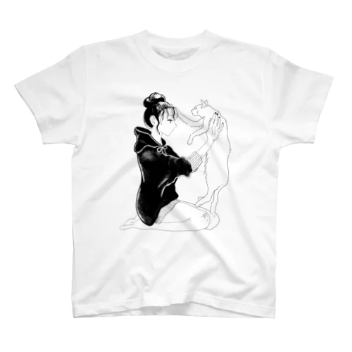 猫と女の子(線画) 티셔츠