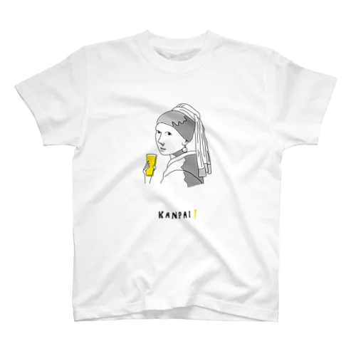 名画 × BEER（真珠の耳飾りの少女）黒線画 Regular Fit T-Shirt