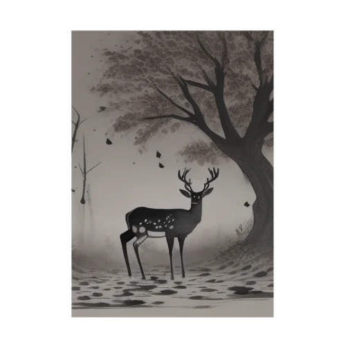 鹿と枯れ葉 吸着ポスター
