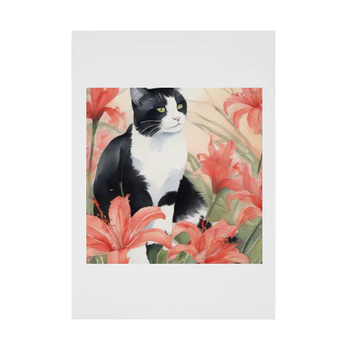 白黒ハチワレ猫と彼岸花 吸着ポスター