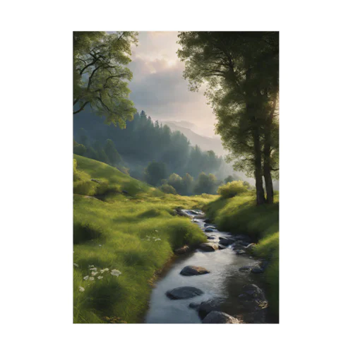 川と草原と山の風景 吸着ポスター