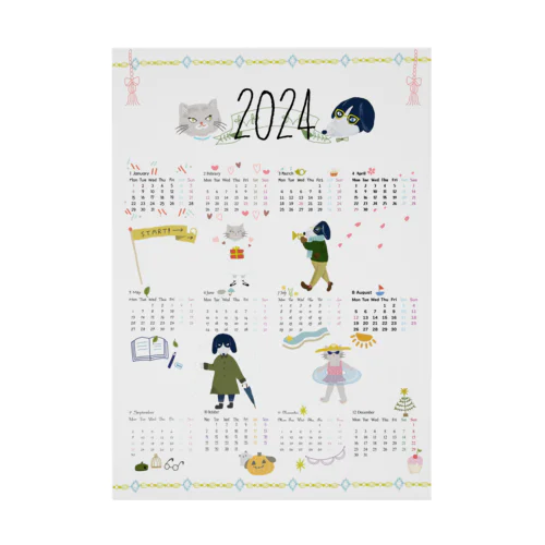 2024 カレンダー　cat ＆ dog 吸着ポスター