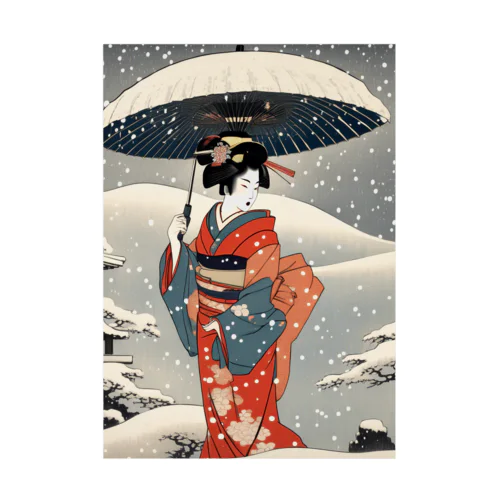 日本の風景、雪降る中を歩く舞妓さん　Japanese senery：Maiko in the snow 吸着ポスター