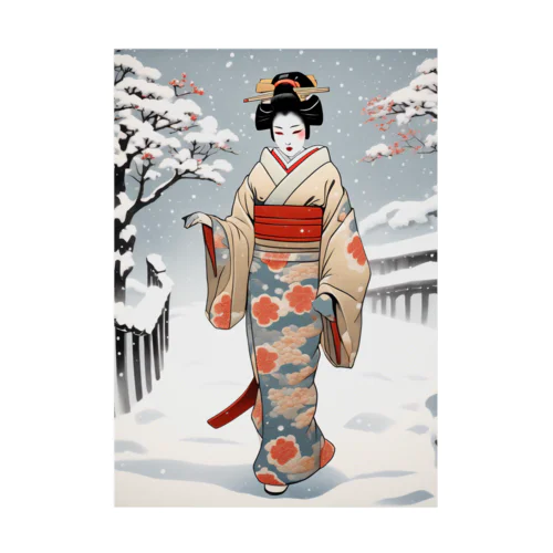 日本の風景、冬雪降る中を歩く舞妓さん　MAIKO walking in the snow Stickable Poster