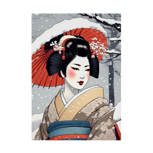 日本の風景:雪の降る中の舞妓さん、Jpanese senery:MAIKO in snow 吸着ポスター