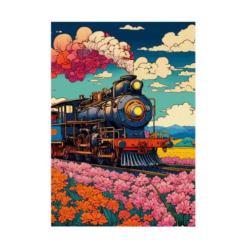 日本の風景:花畑の中をはしるSL 蒸気機関車、Japanese senery: SL steam locomotive running through a flower field Stickable Poster