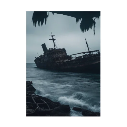 暗黒の海に浮かぶ腐敗した船の墓場 Stickable Poster