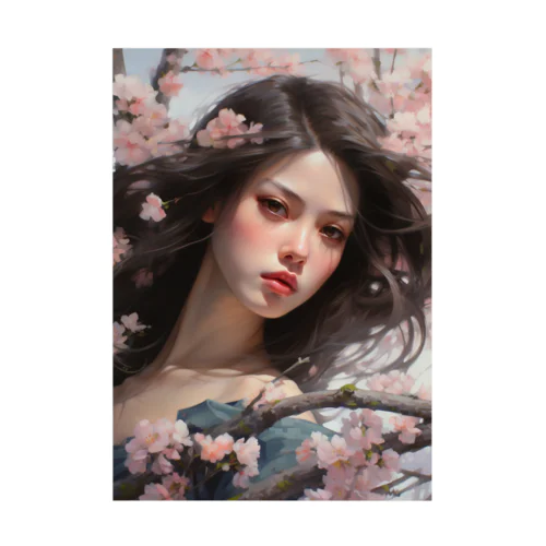 桜の花の中かで、、女性　なでしこ1478 Stickable Poster