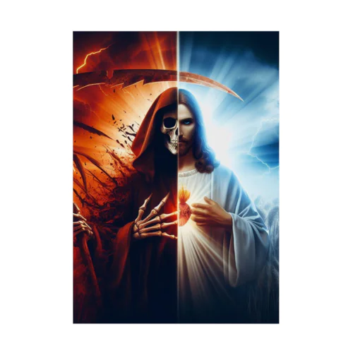 凶悪な死神と神秘的なキリストのファッションが融合したアート Stickable Poster