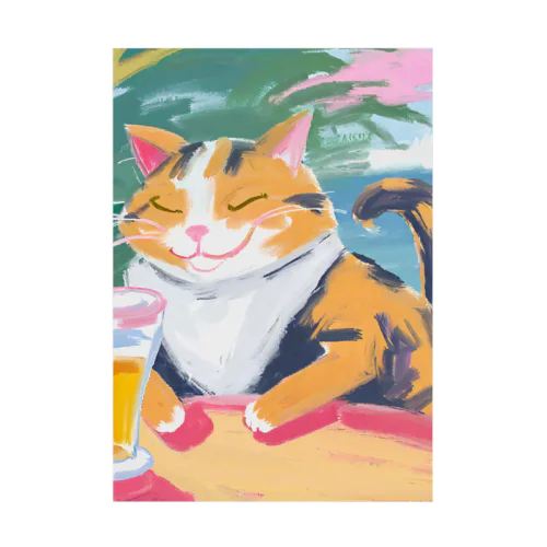 ビールを飲んで幸せそうなネコさん Stickable Poster