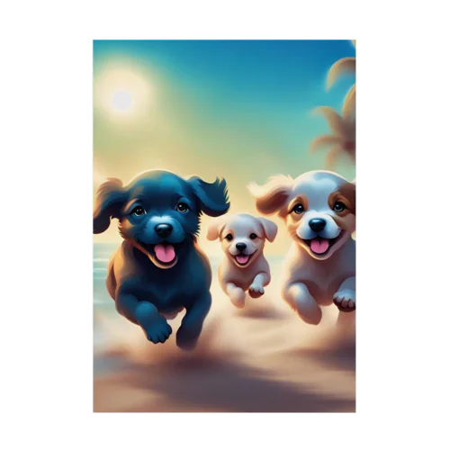 砂浜で遊ぶ子犬たち Stickable Poster