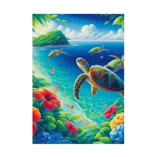 日本の風景:沖縄渡嘉志久ビーチの泳ぐ海がめ、Japanese scenery: Sea turtles swimming at Tokashiki Beach,Okinawa Stickable Poster