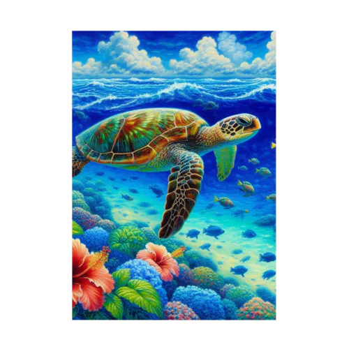 日本の風景:沖縄渡嘉志久ビーチの泳ぐ海がめ、Japanese scenery: Sea turtle swimming at Tokashiki Beach, Okinawa Stickable Poster