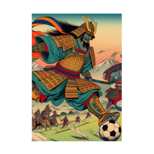 日本の昔と今が混在した光景:サッカーに興じる戦国武将、A scene that mixe Japan's past and present: Sengoku warlords enjoying soccer 吸着ポスター