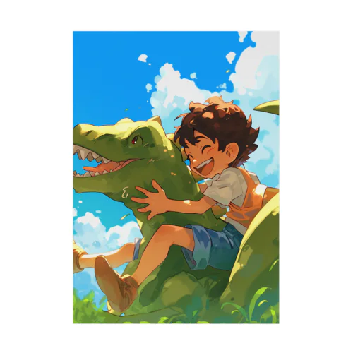恐竜と少年が楽しく遊ぶ友情　なでしこ1478 Stickable Poster